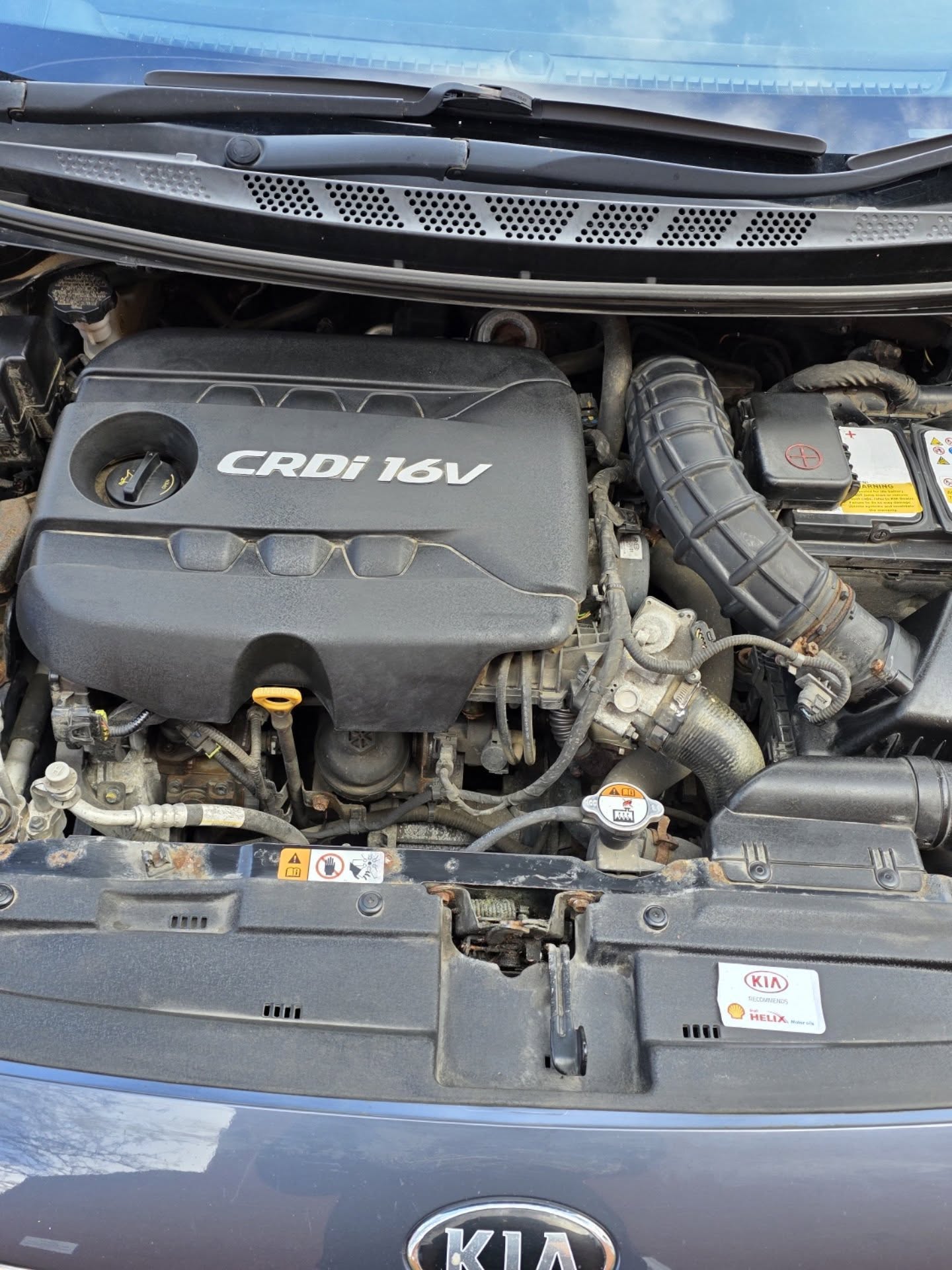 Kia engine bay before an engine bay clean